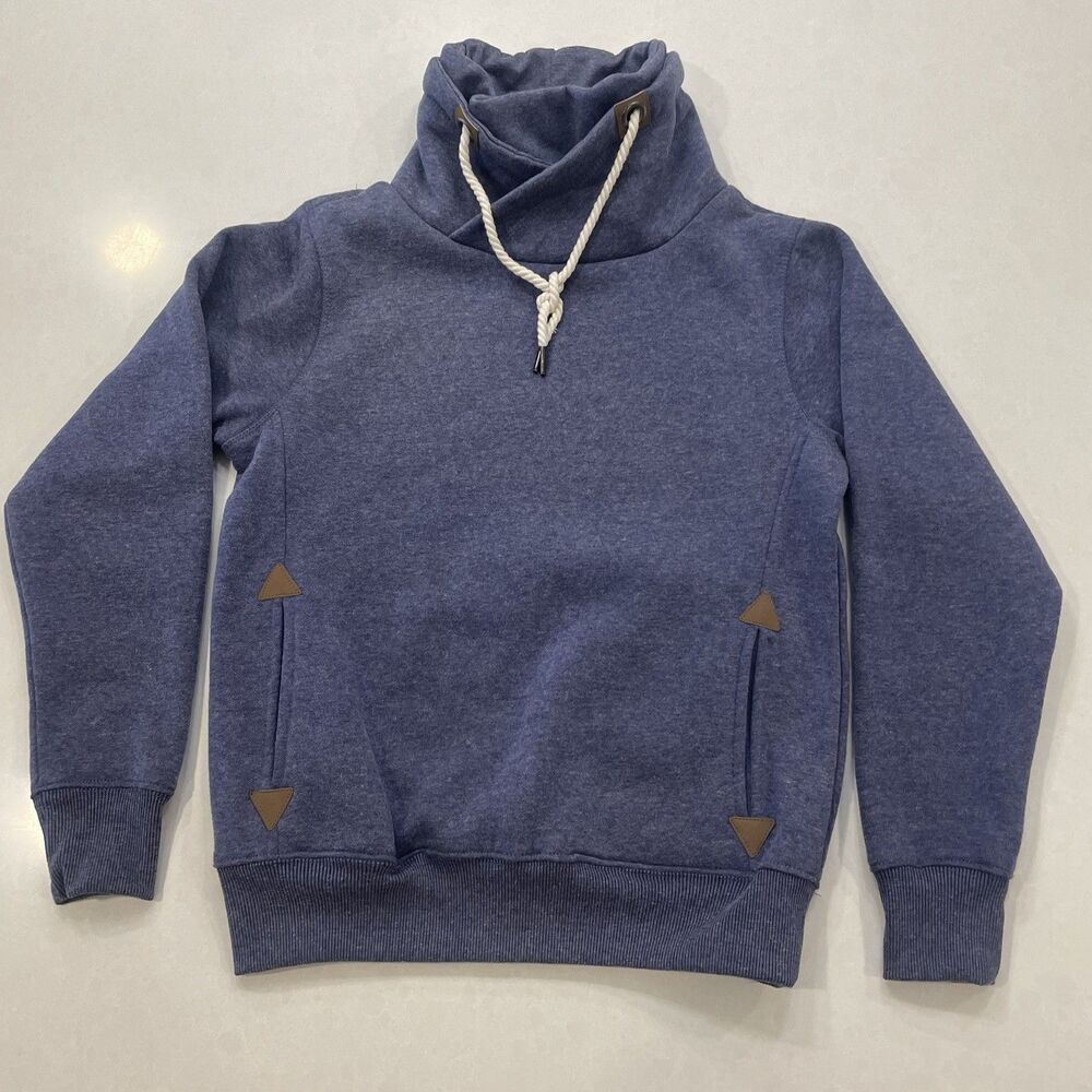 HanTon Sweatshirt Women Sz S Heather Blue Cowl Neck Drawstrings Pullover Sweater